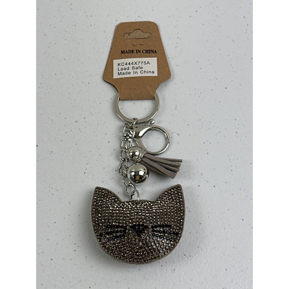 Cat Face Rhinestone Keychain With Tassel & Bell Lead Safe